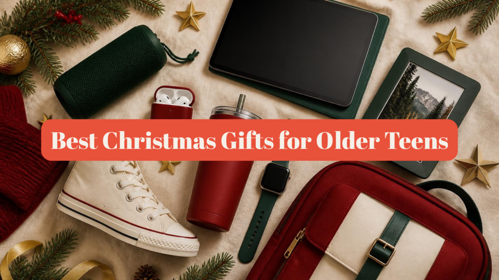 Best Christmas gifts for older teens 2026 ages 16-18 — flat lay of tech and lifestyle gifts on cream linen