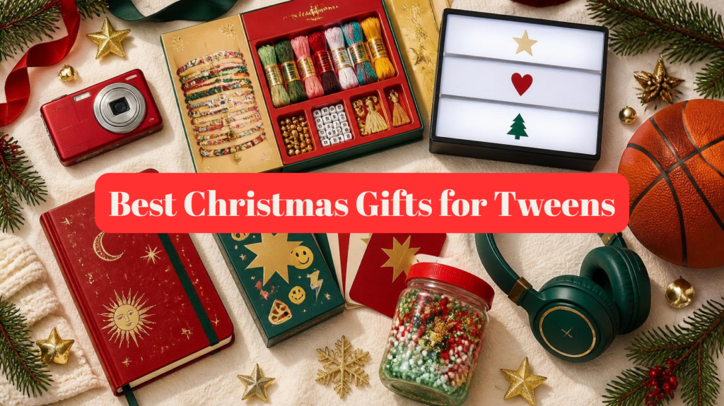 Best Christmas gifts for tweens 2026 ages 9-12 — flat lay of creative and trending gifts on cream linen